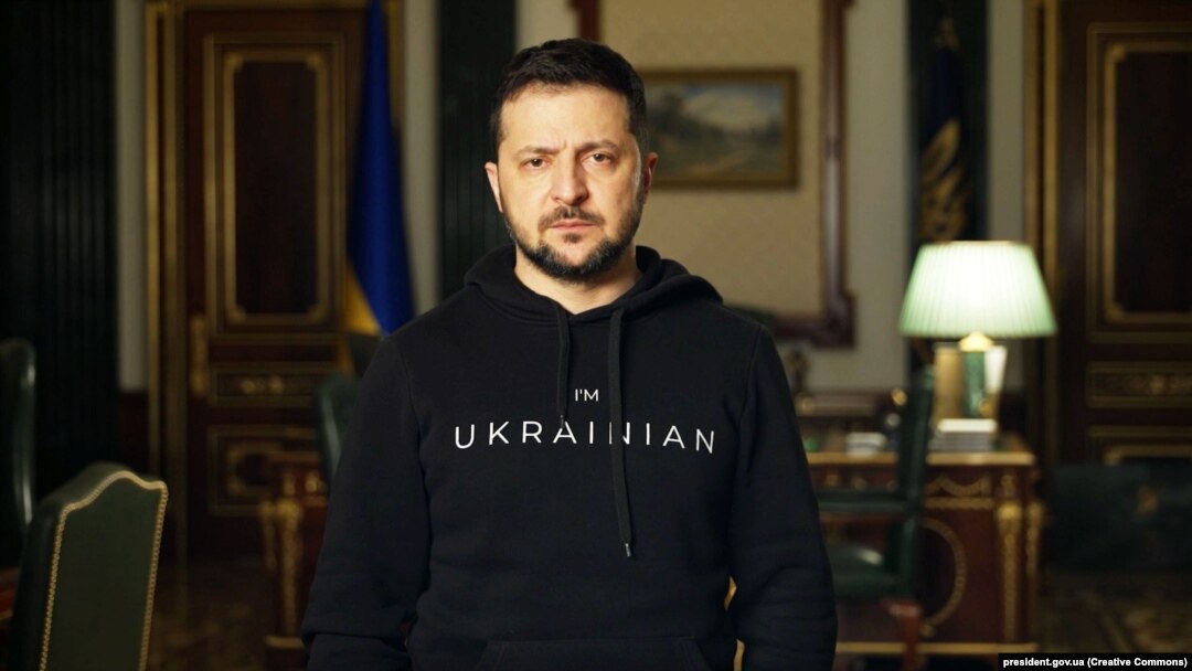Președintele ucrainean Volodimir Zelenski, în timpul discursului său din 4 februarie 2023.