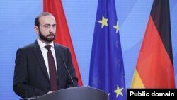 Germany - Armenian Foreign Minister Ararat Mirzoyan speaks during a joint news conference with his German counterpart Annalena Baerbock, February 7, 2023.