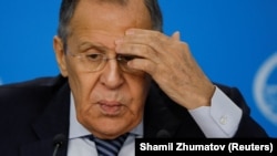 RUSSIA – Russian Foreign Minister Sergei Lavrov gestures during his annual news conference in Moscow, January 18, 2023