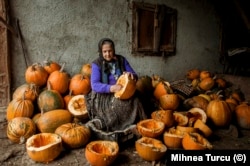 A woman scoops seeds out of pumpkins in a village in Maramures County in 2008.