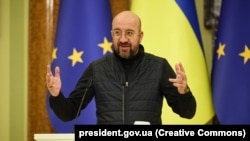 Presidenti i Këshillit Evropian, Charles Michel, gjatë vizitës së tij në Kiev, Ukrainë, më 19 janar 2023.