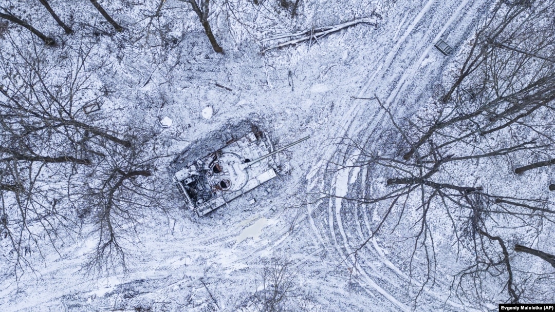 A damaged Russian tank in a forest in the Kharkiv region, northeastern Ukraine