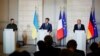 Predsednik Ukrajine Volodimir Zelenski, francuski predsjednik Emanuel Makron i njemački kancelar Olaf Šolc na zajedničkoj konferenciji za medije. Pariz , 8. februar 2023.