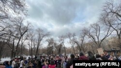 KAZAKHSTAN -- Activists protest, demanding authorities allow peaceful demonstration on International Women's Day. Almaty, Feb. 5, 2023.