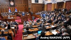 Srbijanski predsjednik Aleksandar Vučić obraća se na posebnoj sjednici Skupšine Srbije, 2. februara 2023.