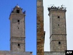 Levo fotografija snimljena 3. jula 2016., na kojoj se vidi minaret džamije unutar citadele na listi UNESCO-a, u gradu Alepu na severu Sirije i desno fotografija istog tornja zabeležena 6. februara 2023. nakon zemljotresa.