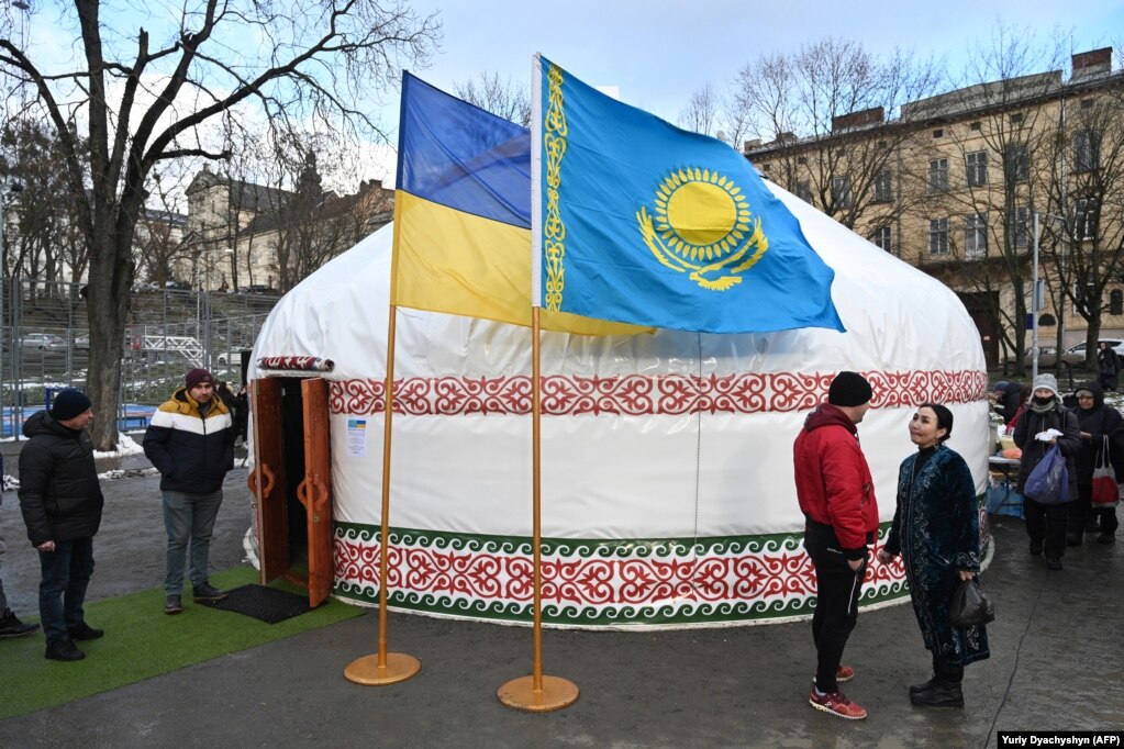 A Kazakh yurt in Lviv on February 1 The word &quot;Kazakh,&quot; meaning &quot;adventurer&quot; or &quot;nomad,&quot; shares its Turkic linguistic roots with &quot;Cossack,&quot; the steppe roamers of Ukraine and southern Russia.