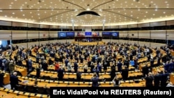 BELGIUM – Members of the European Parliament give a standing ovation to President of Ukraine Volodymyr Zelensky before his speech. Brussels, 9 February 2023