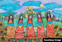 Nika gyakran jelenít meg ortodox templomokat, napraforgókat és a jellegzetes ukrán népi hímzések mintáit, valamint élénk színeket művein