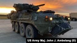 Slovakia -- US Army M1296 Stryker Infantry Carrier prepares to depart Malacky Air Base, May 25, 2021