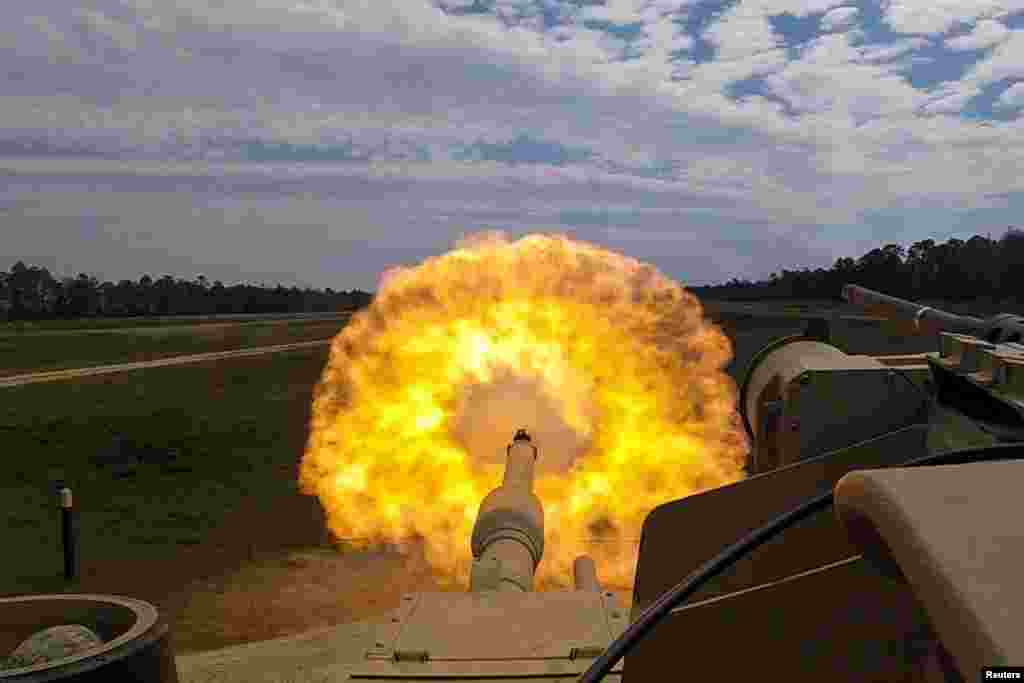 An M1A1 Abrams during target practice at Fort Stewart, Georgia, in the United States, on March 29, 2018. The tank commander controls a 120mm Rheinmetall M256A1 smoothbore main gun along with a Browning .50 cal. (12.7mm) M2HB antiaircraft heavy machine gun and two 7.62mm M240 machine guns.