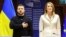 Ukrainian President Volodymyr Zelenskiy poses next to European Parliament President Roberta Metsola after arriving for a summit in Brussels on February 9.