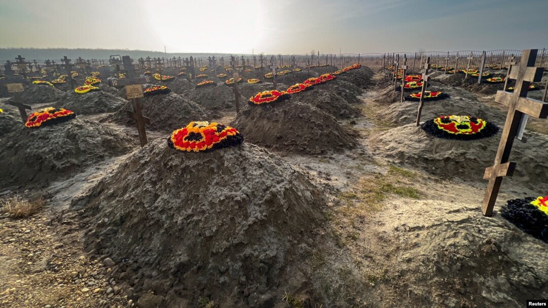 Graves of Russian Wagner mercenary group fighters are seen in a cemetery near the village of Bakinskaya in Russia's Krasnodar region on January 22.