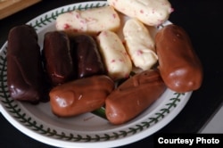 Chocolate-coated curd snacks, a favorite treat in Belarus.