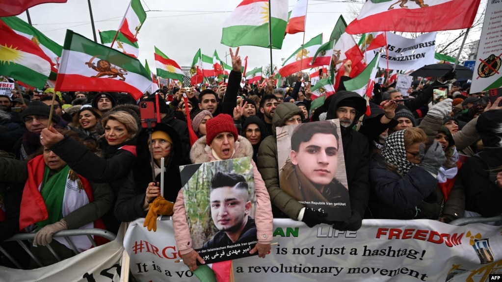 People take part in a rally against the Iranian regime in front of the European Parliament in Strasbourg, France, on January 16.