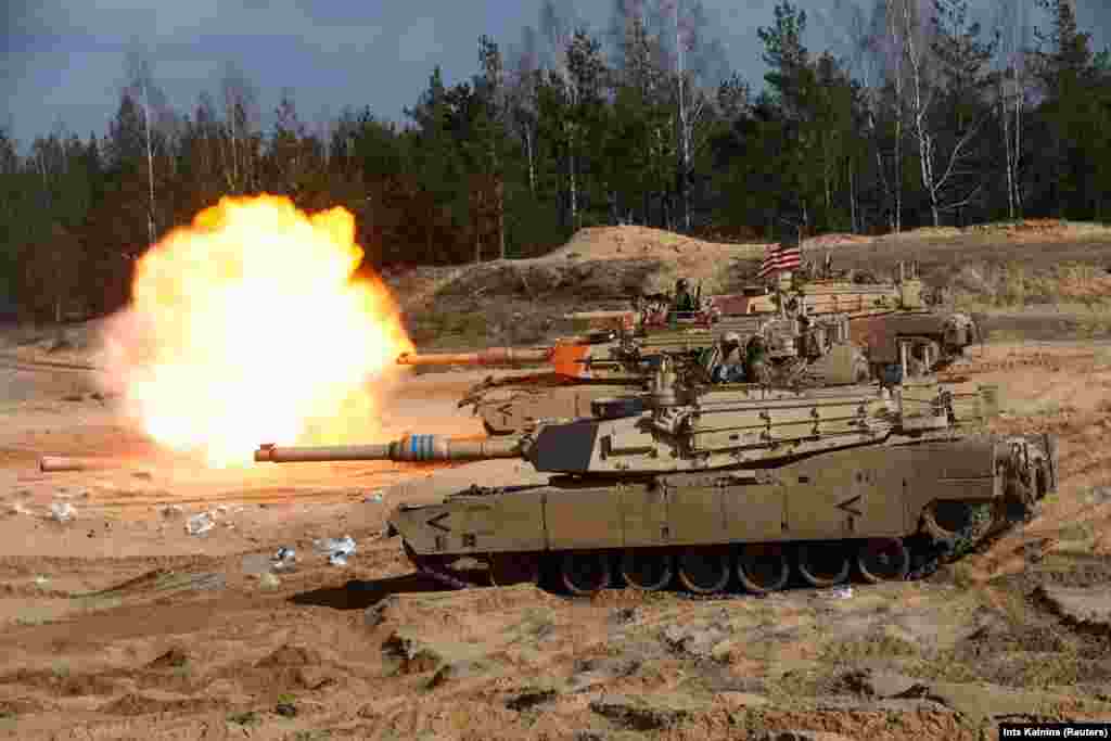 M1A1 Abrams tanks participate in a NATO exercise in Adazi, Latvia, on March 26, 2021. Moscow said providing the tanks to Ukraine would be a &quot;blatant provocation.&quot;