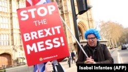 Militanți anti-Brexit demonstrând în fața Parlamentului la Londra, 3 aprilie, 2019