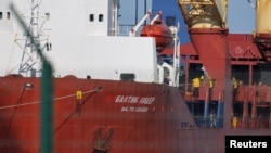 The Russian cargo ship Baltic Leader, which belongs to a company targeted by European Union sanctions, is seen after it was diverted to the port of Boulogne-sur-Mer, France.