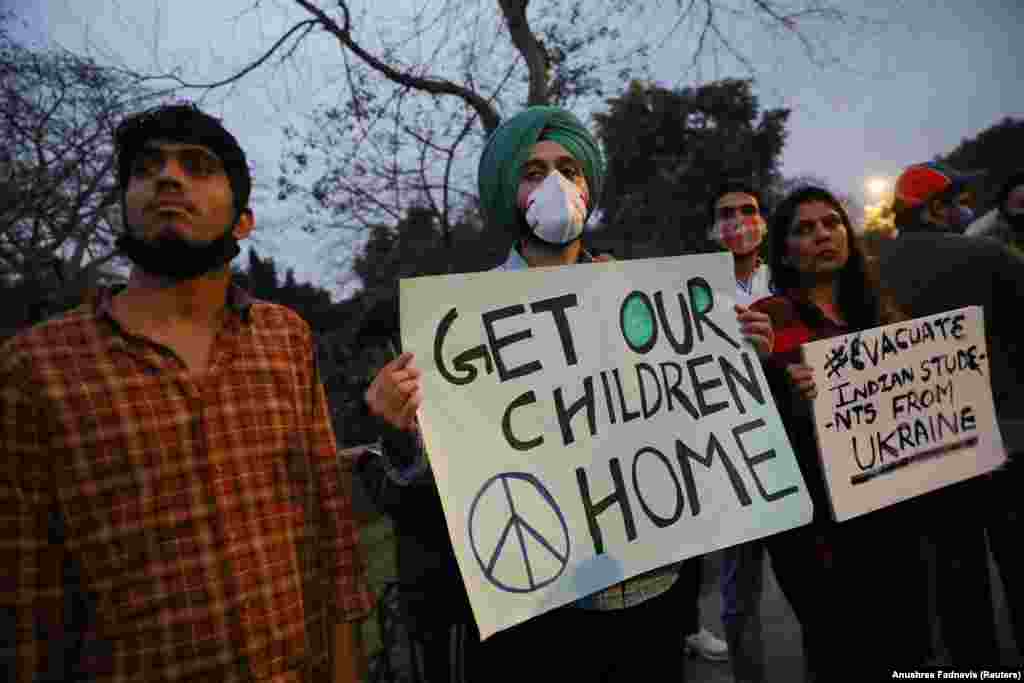 Family and friends of Indian students stuck in Ukraine protest near the Russian Embassy in New Delhi on February 25.