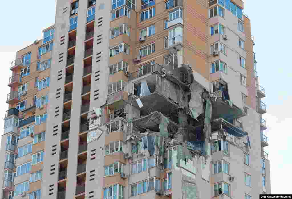 An apartment building damaged by a missile strike in Kyiv on February 26.