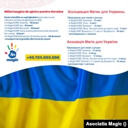 Anunțul Asociației Magic, în română, ucraineană și rusă.