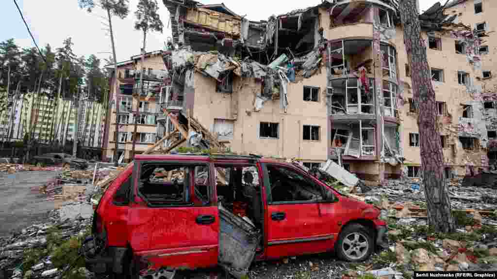 The aftermath of shelling in the town of Irpin, near Kyiv, on March 2.&nbsp;