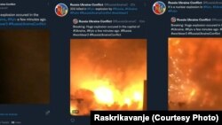 Screenshot sa Tviter naloga "Russia Ukraine Conflict", "dokaz o velikoj eksploziji u Kijevu", a zapravo snimak eksplozije u Kini iz 2015.