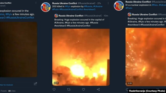 Screenshot sa Tviter naloga "Russia Ukraine Conflict", "dokaz o velikoj eksploziji u Kijevu", a zapravo snimak eksplozije u Kini iz 2015.