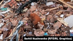 Дитяча іграшка-корівка на звалищі зруйнованого артобстрілами з боку РФ житлового будинку в Ірпені, Київщина, 2 березня 2022 року