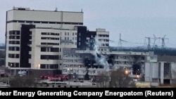 An administrative building of the Zaporizhzhya nuclear power plant can be seen on fire on March 4.