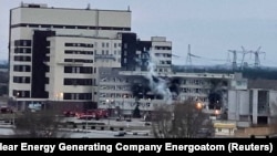 Smoke rises on March 4 from the administrative building of the Zaporizhzhya nuclear power plant, which is now under the control of Russian forces. 