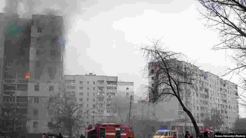 UKRAINE - Flames and smoke billows from a residential building damaged by recent shelling, as Russia's invasion of Ukraine continues, in Chernihiv, Ukraine March 3, 2022