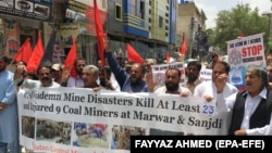 Coal miners protest against the poor working conditions after a coal mine collapsed in Quetta on May 6.