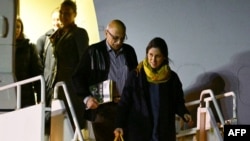Nazanin Zaghari-Ratcliffe (right) and Anoosheh Ashoori disembark from a plane at RAF Brize Norton after being freed from Iran on March 17 in Brize Norton, England.