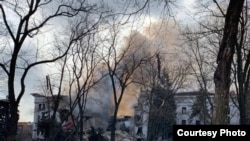 Mariupol city officials said a bomb was dropped on the theater building from a Russian airplane on March 16. 