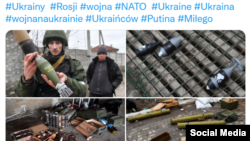 Screenshot jedne od objava na društvenoj mreži Tviter na kojoj je navodno prikazano da se oružje srpske proizvodnje (fotografije gore levo) koristi u aktuelnom sukobu u Ukrajini