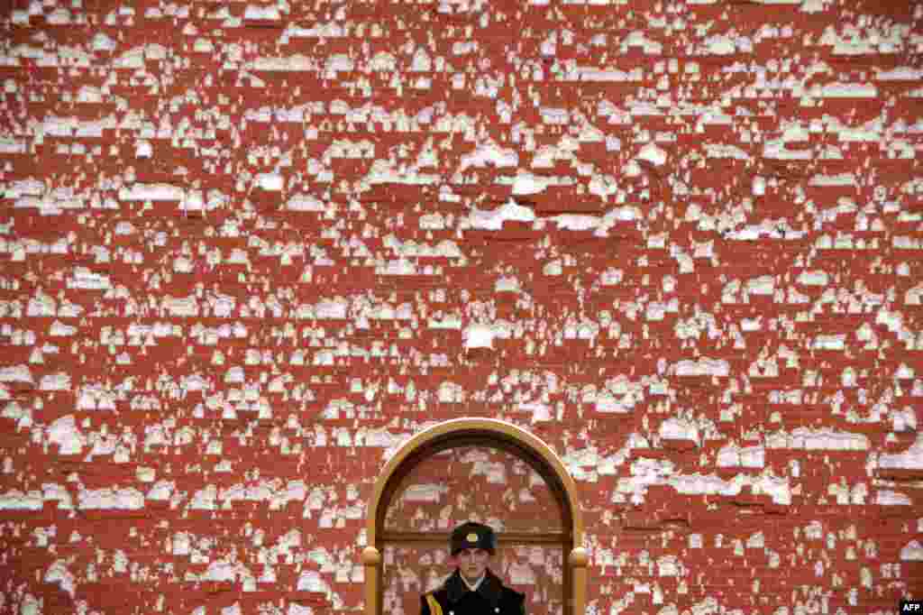 A guard stands against a snow-covered wall of the Kremlin in Moscow. (AFP/Kirill Kudryavtsev)