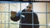 Russian opposition leader Aleksei Navalny speaks from prison via a video link in Petushki, Russia, in January.
