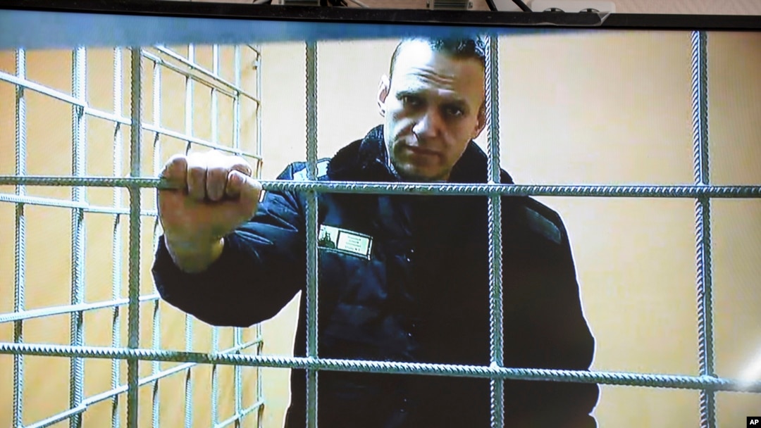 Russian opposition leader Aleksei Navalny speaks from prison via a video link in Petushki, Russia, in January.