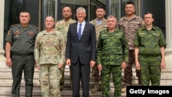 U.S. Ambassador to Tajikistan John Pommersheim (center) welcomed participants of the Regional Cooperation 22 military maneuvers.