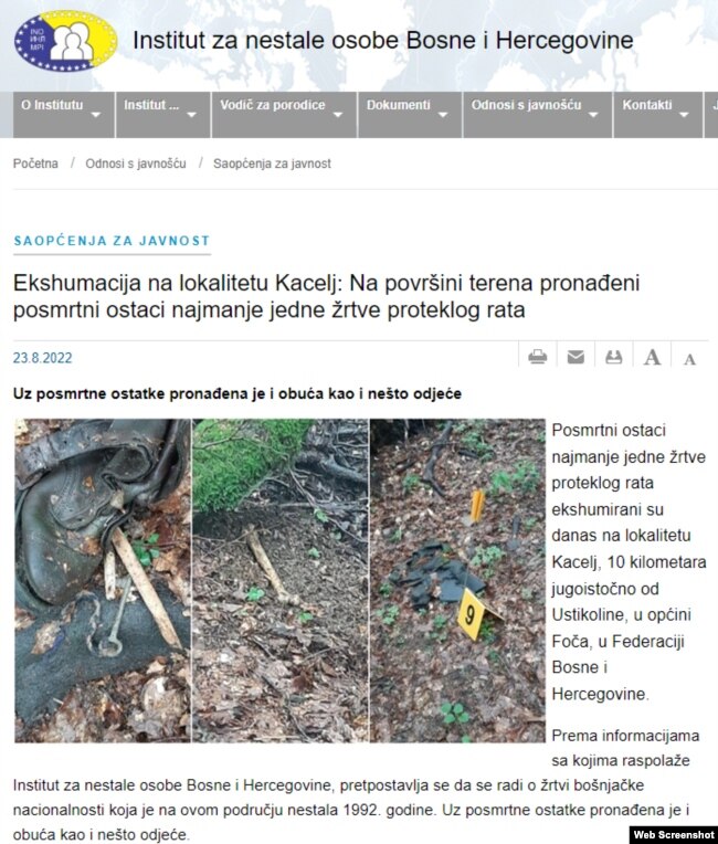 Screenshot web stranice Instituta za traženje nestalih Bosne i Hercegovine