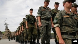 Russian Army soldiers march during an action in support of the invasion of Ukraine at a World War II memorial in Volgograd on July 11.