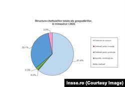 Un procent infim din veniturile românilor merg spre cheltuieli de investiţii sau de producţie, cea mai mare parte fiind pentru consumul de bunuri şi servicii, respectiv plata taxelor, impozitelor şi a contribuţiilor sociale.