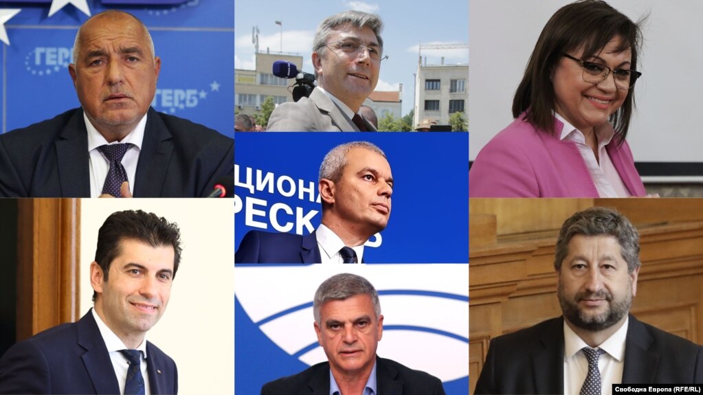 Лидерите на партиите, които според социологическите проучвания, ще влязат в следващия парламент: Бойко Борисов, Мустафа Карадайъ, Корнелия Нинова, Кирил Петков, Костадин Костадинов, Стефан Янев и Христо Иванов