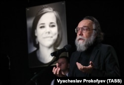 Aleksandr Dugin speaks during a mourning ceremony for his daughter, Darya Dugina, at the Ostankino Television Technical Center in August 2022.