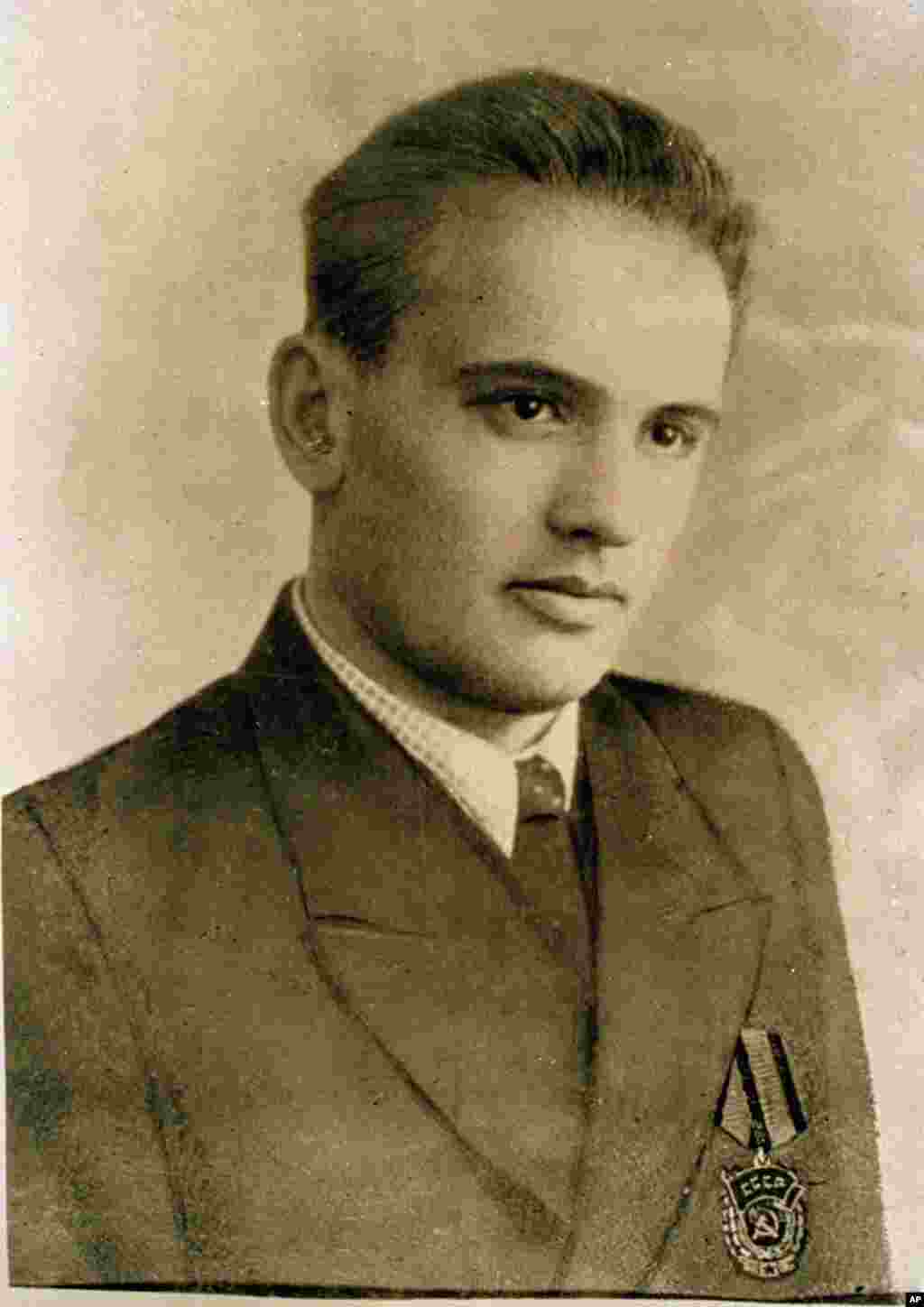 A young Gorbachev at the age of 19, wearing the Red Banner of Labor medal he received for driving a harvest combine on the plains of southern Russia.