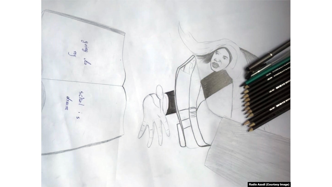 Farahnaz's drawing depictis the Taliban stomping out education.