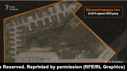 Спутниковый снимок российского военного аэродрома в поселке Новофедоровка, 9 августа 2022 года