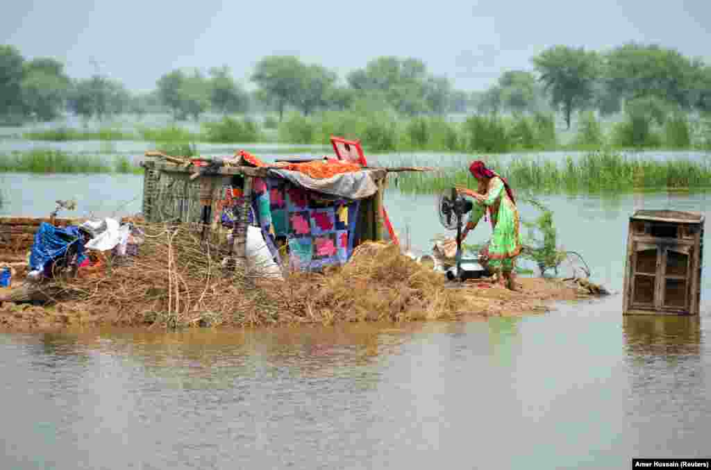 A woman salvages her belongings near a makeshift home surrounded by water in Sohbatpur.