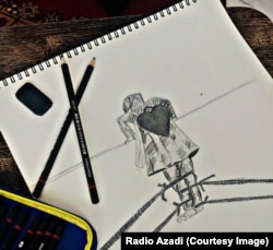 Madina, egy pastu nyelven beszélő lány rajza, amely egy hátizsákot viselő lányt ábrázol, akit megakadályoznak abban, hogy elhagyja Afganisztánt